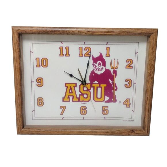 Vintage 70s Arizona Sun Devils ASU Wood Framed Glass Quartz Wall Clock 14" X 11" - Picture 2 of 8